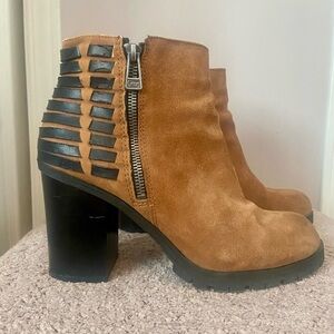 Sam Edelman Tan Suede Heeled Boots with Black Accents